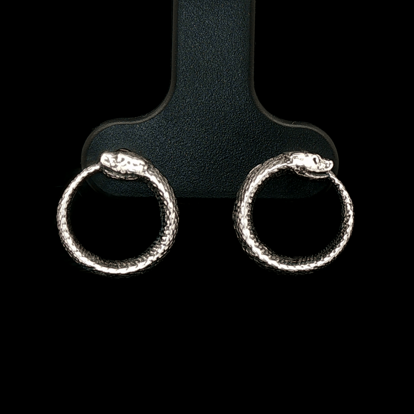 Ouroboros Stud Earrings in Sterling Silver by Le Dragon Argenté – symbolic serpent design representing infinity, rebirth, and ancient myth in a sleek, handcrafted style.
