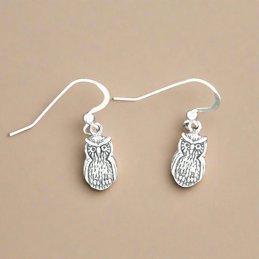 Owl Charm Earrings in Sterling Silver or Antique bronze - Le Dragon Argenté