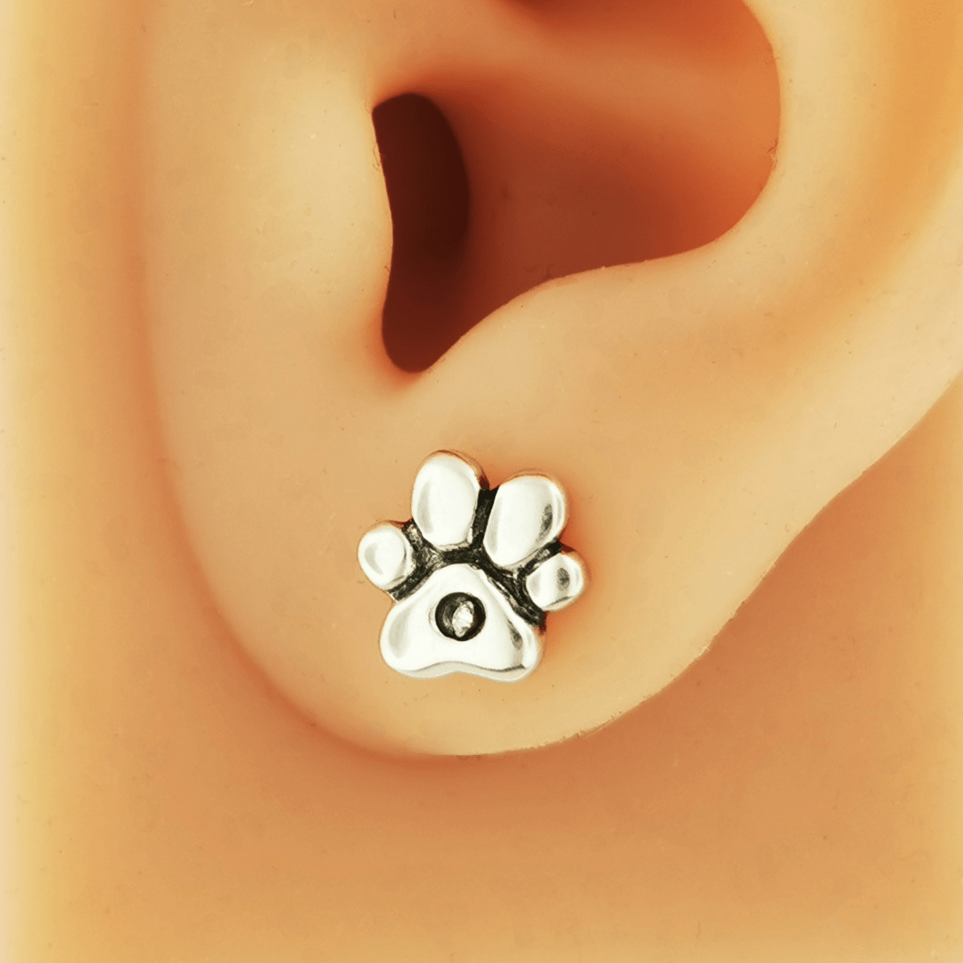 Handmade sterling silver paw print stud earrings with rhinestones – pet lover jewelry by Le Dragon Argenté