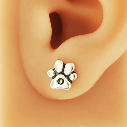 Handmade sterling silver paw print stud earrings with rhinestones – pet lover jewelry by Le Dragon Argenté