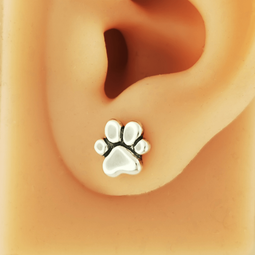 Handmade sterling silver paw print stud earrings – pet lover jewelry by Le Dragon Argenté