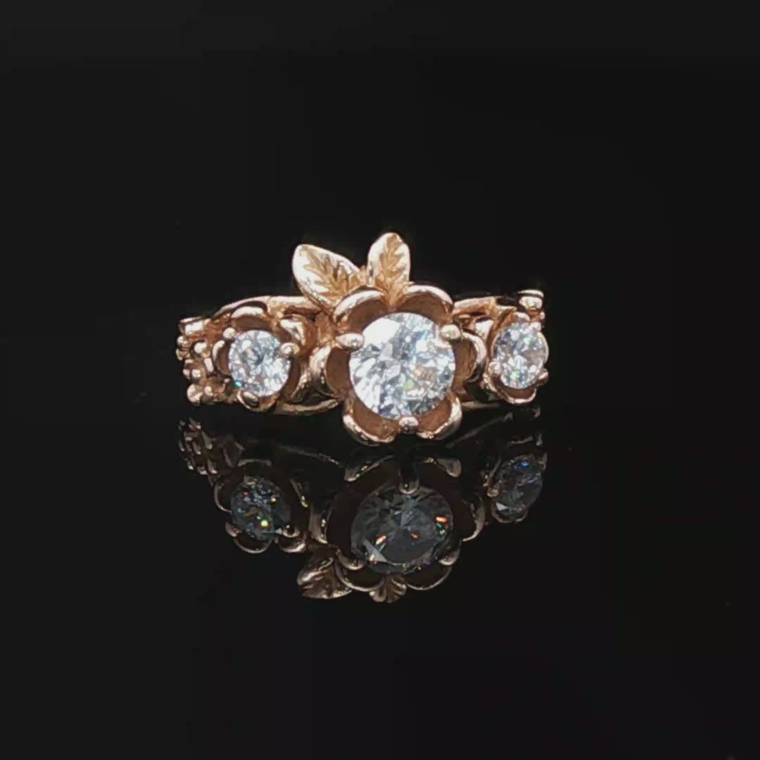 Triple rose birthstone ring in antique bronze with colourful birthstones and ornate floral detailing in gothic vintage style by Le Dragon Argenté