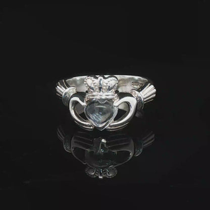 Sterling Silver Claddagh Ring with Heart-Shaped Crystal Quartz Cabochon, size 5