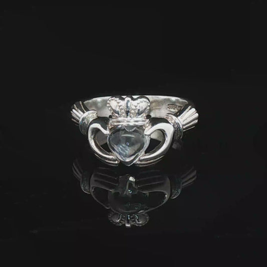 Sterling Silver Claddagh Ring with Heart-Shaped Crystal Quartz Cabochon, size 5