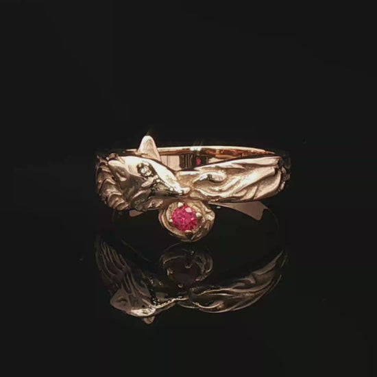 Kitsune Fox Gemstone Ring in Antique Bronze with Ruby - Le Dragon Argenté