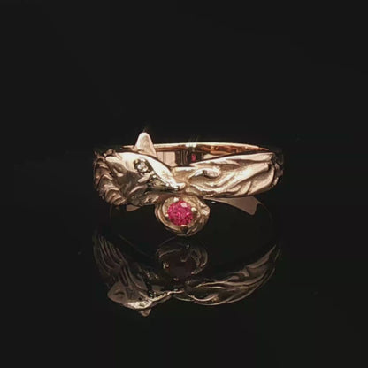 Kitsune Fox Gemstone Ring in Antique Bronze with Ruby - Le Dragon Argenté