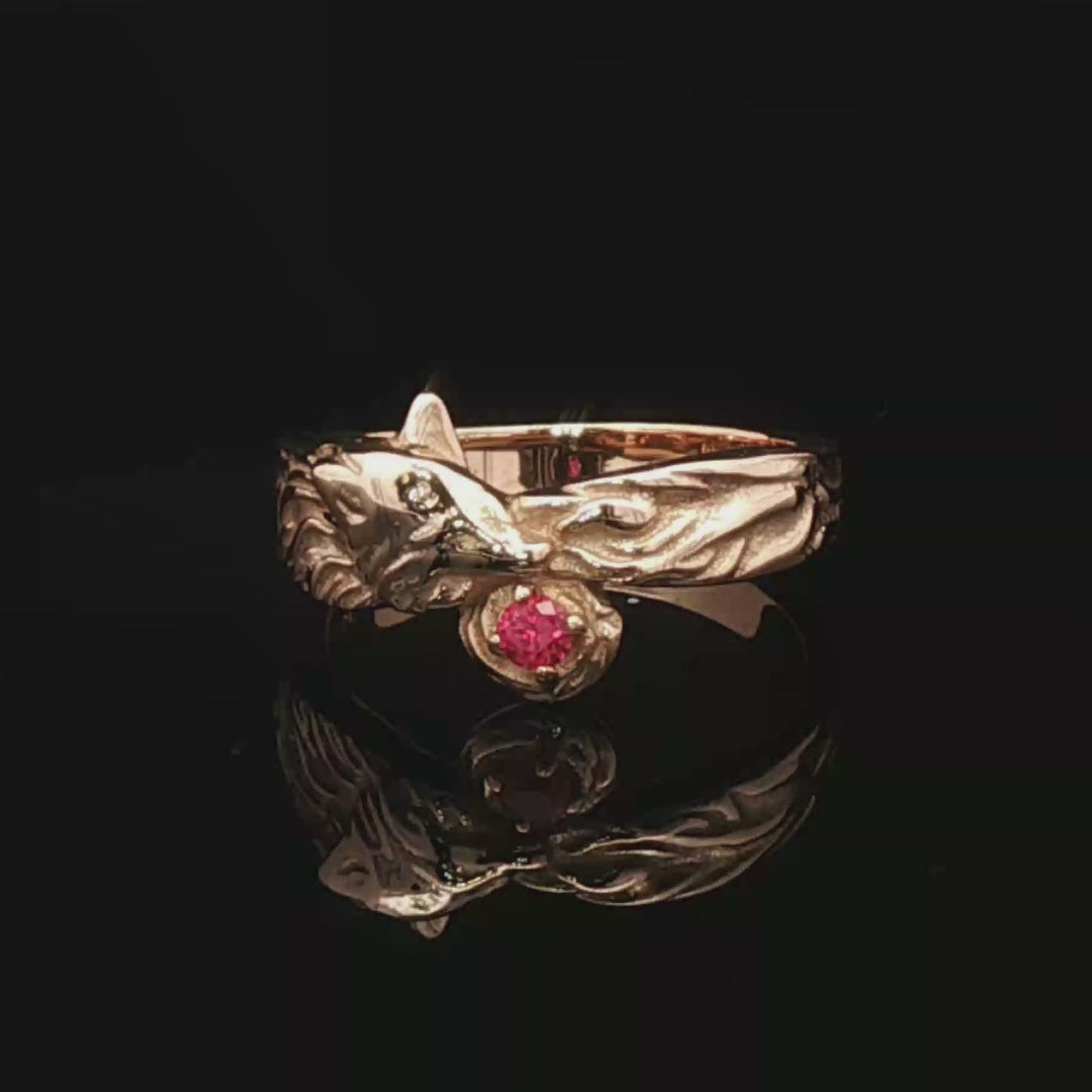Kitsune Fox Gemstone Ring in Antique Bronze with Ruby - Le Dragon Argenté