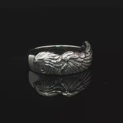 Ladies stainless steel Griever ring inspired by Final Fantasy VIII, bold lion emblem jewellery with a moody, iconic style by Le Dragon Argenté