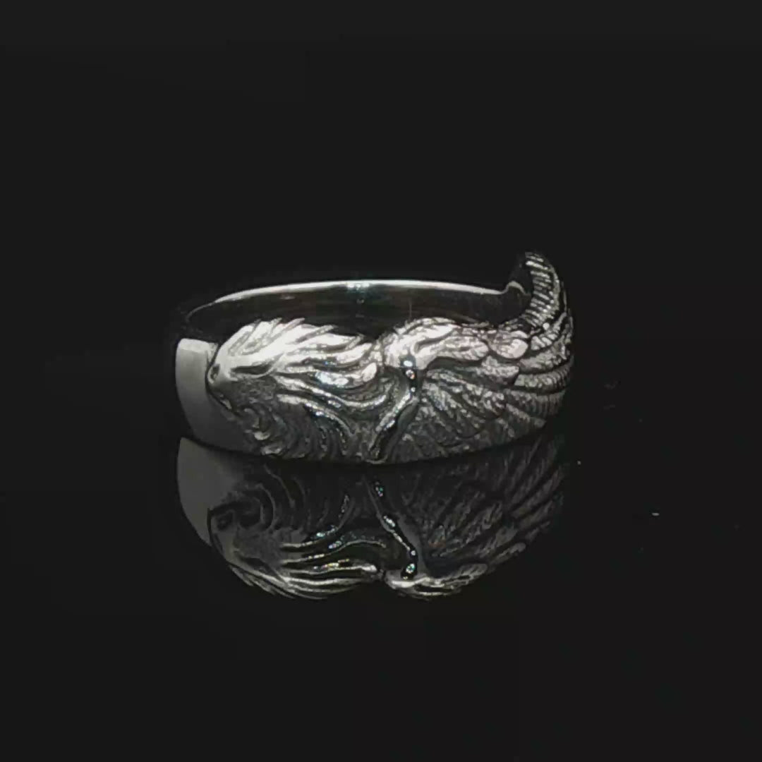 Ladies stainless steel Griever ring inspired by Final Fantasy VIII, bold lion emblem jewellery with a moody, iconic style by Le Dragon Argenté