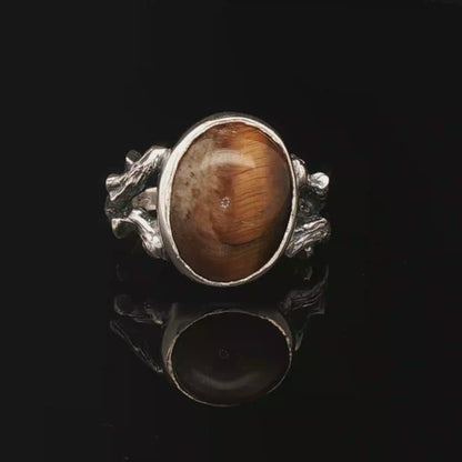 Sterling Silver Wood Style Ring with Tiger's Eye Cabochon, size 7.5