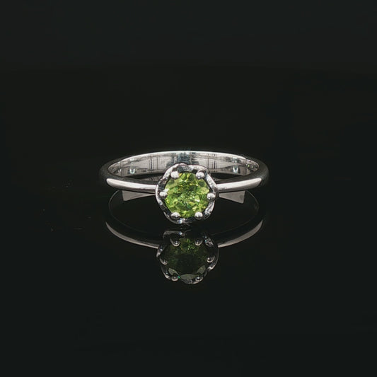 Handmade Solitaire Ring in .925 Sterling Silver with a 5mm natural gemstone set in a 6-prong solitaire style and delicate scrollwork design. Perfect gift or engagement ring for her, elegant, timeless, and handcrafted by Le Dragon Argenté in Montreal, Canada.