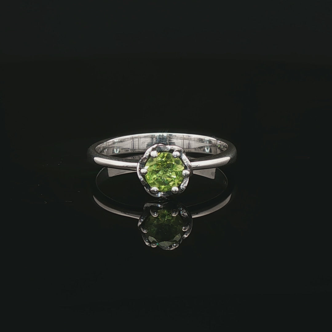Handmade Solitaire Ring in .925 Sterling Silver with a 5mm natural gemstone set in a 6-prong solitaire style and delicate scrollwork design. Perfect gift or engagement ring for her, elegant, timeless, and handcrafted by Le Dragon Argenté in Montreal, Canada.
