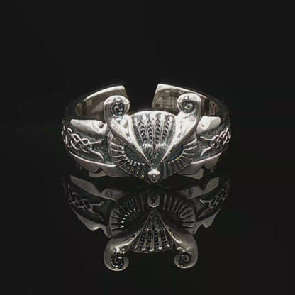 Adjustable Celtic owl ring in sterling silver with detailed knotwork and owl design by Le Dragon Argenté.
