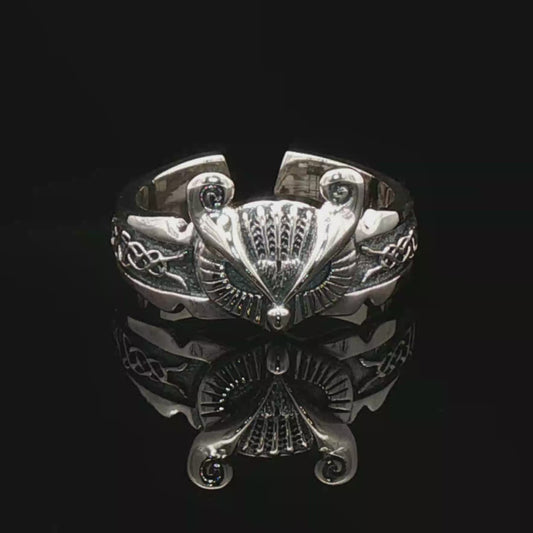 Adjustable Celtic owl ring in sterling silver with detailed knotwork and owl design by Le Dragon Argenté.