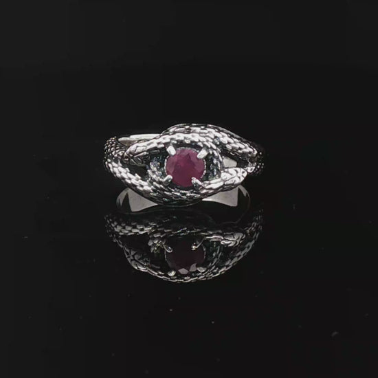 Two Snakes Ring with birthstone silver garnet - Le Dragon Argenté