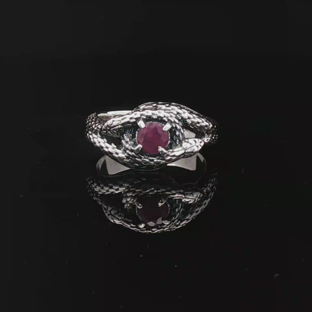 Two Snakes Ring with birthstone silver garnet - Le Dragon Argenté