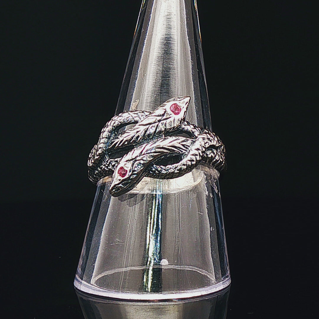 Twin Coiled Snakes Ring with Gemstones in Sterling Silver - Le Dragon Argenté