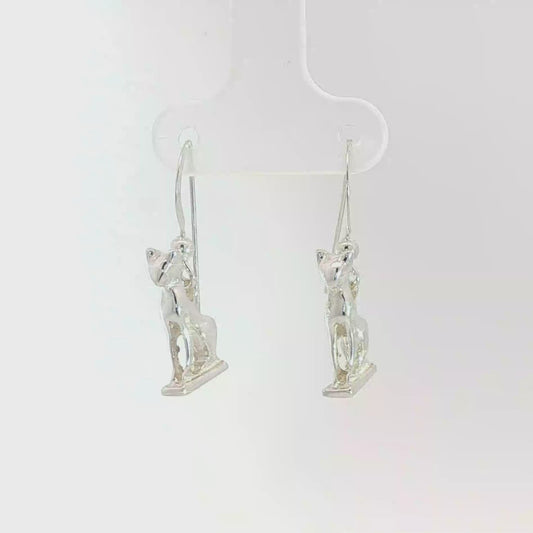 Handcrafted Bastet Cat Charm Earrings in sterling silver, antique bronze, or stainless steel by Le Dragon Argenté. Inspired by the Egyptian goddess Bastet, symbol of protection, joy, and feminine strength. These detailed feline earrings are perfect for mythology lovers, cat enthusiasts, and fans of Egyptian-inspired jewelry with spiritual meaning.