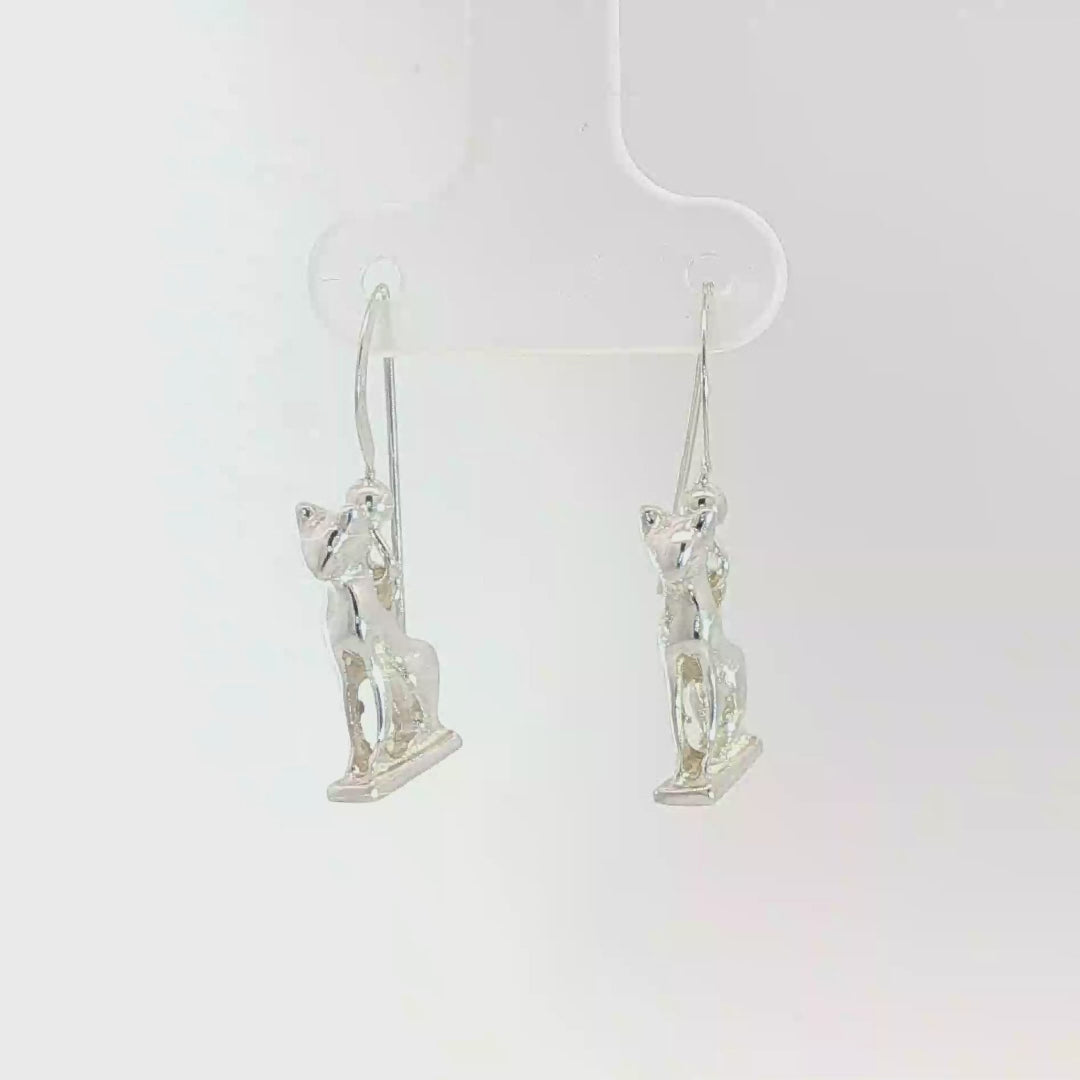 Handcrafted Bastet Cat Charm Earrings in sterling silver, antique bronze, or stainless steel by Le Dragon Argenté. Inspired by the Egyptian goddess Bastet, symbol of protection, joy, and feminine strength. These detailed feline earrings are perfect for mythology lovers, cat enthusiasts, and fans of Egyptian-inspired jewelry with spiritual meaning.