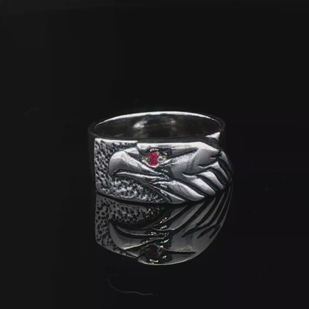 Eagle Head Ring With Gemstone Eye in Sterling Silver - Le Dragon Argenté
