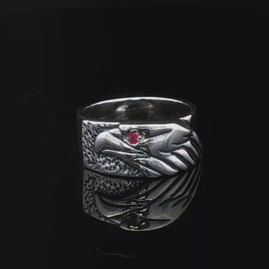 Eagle Head Ring With Gemstone Eye in Sterling Silver - Le Dragon Argenté