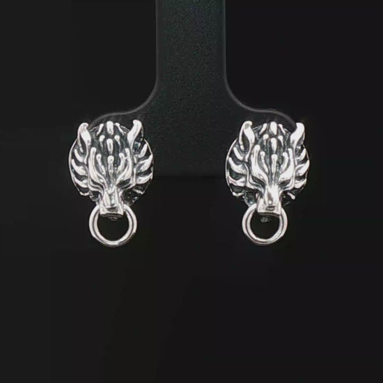 Handmade Sterling silver Fenrir wolf stud earrings inspired by Final Fantasy VII, minimalist gamer jewellery with sleek wolf design by Le Dragon Argenté