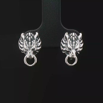 Handmade Sterling silver Fenrir wolf stud earrings inspired by Final Fantasy VII, minimalist gamer jewellery with sleek wolf design by Le Dragon Argenté