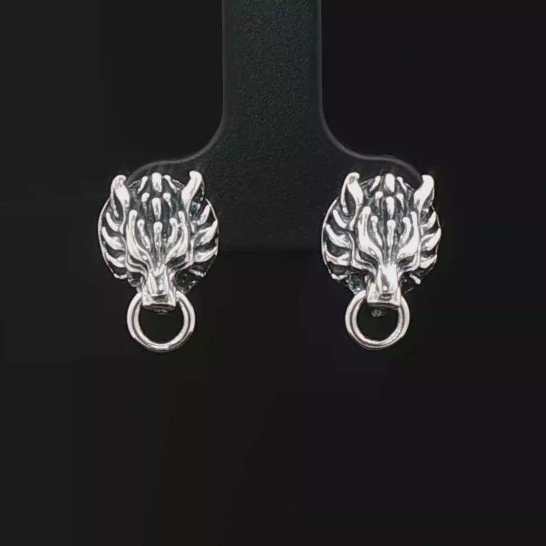Handmade Sterling silver Fenrir wolf stud earrings inspired by Final Fantasy VII, minimalist gamer jewellery with sleek wolf design by Le Dragon Argenté