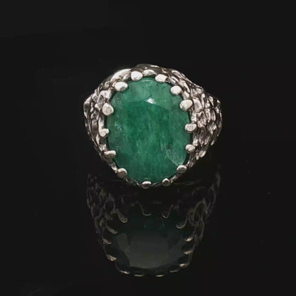 Sterling Silver Cocktail Ring with Oval Opaque Emerald, size 9