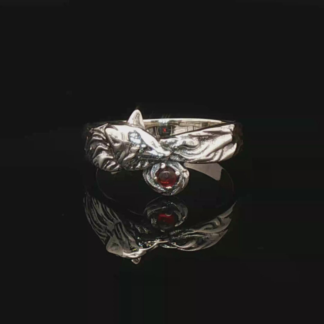 Kitsune Fox Gemstone Ring in Sterling Silver in Ruby - Le Dragon Argenté
