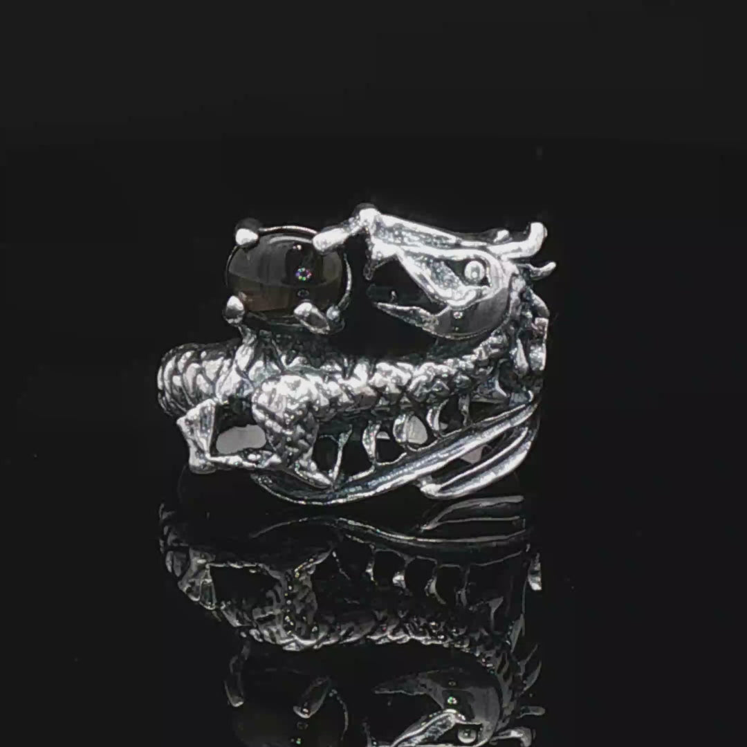 Gemstone Dragon Ring in sterling silver with black star sapphire by Le Dragon Argenté