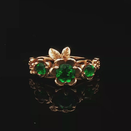 Triple rose birthstone ring in antique bronze with colourful birthstones and ornate floral detailing in gothic vintage style by Le Dragon Argenté