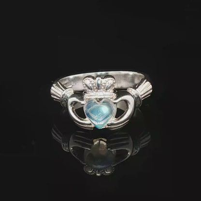 Sterling Silver Claddagh Ring with Rainbow Moonstone Cabochon, size 7