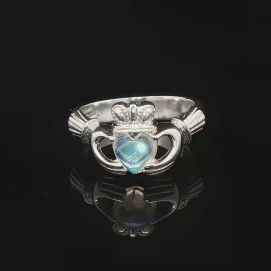 Sterling Silver Claddagh Ring with Rainbow Moonstone Cabochon, size 7