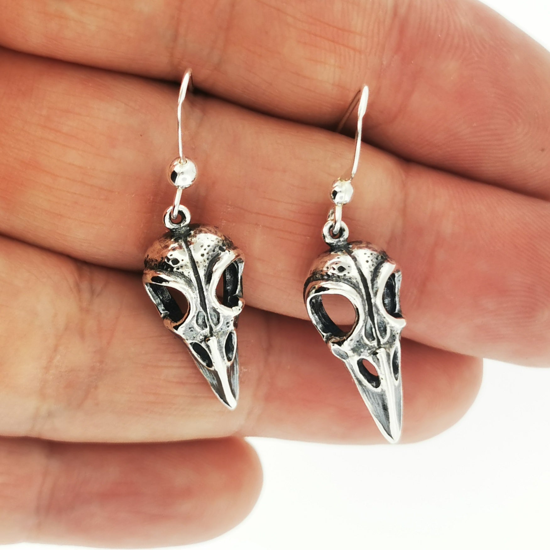 Raven Skull Earrings in Sterling Silver or Antique Bronze - Le Dragon Argenté