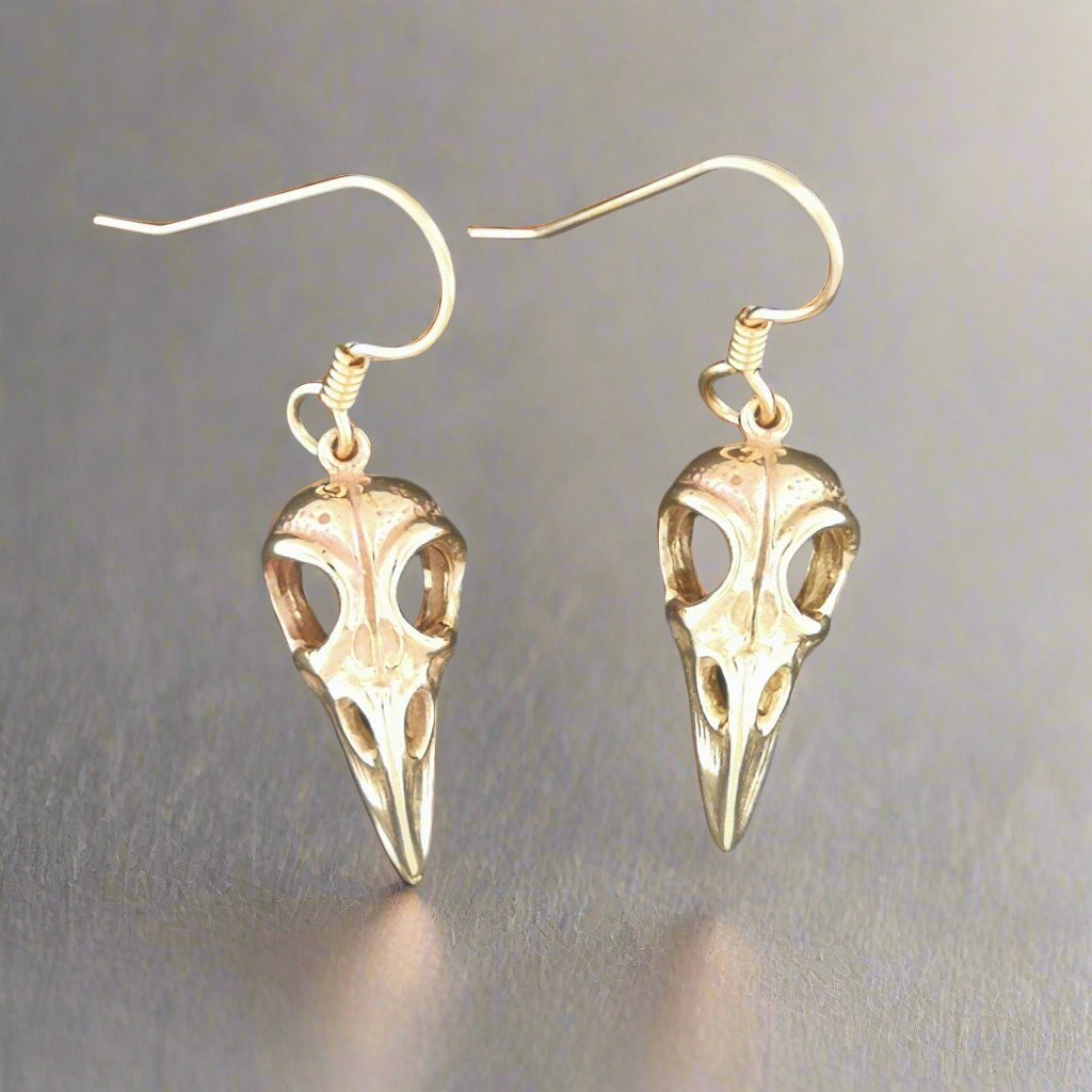 Raven Skull Earrings in Sterling Silver or Antique Bronze - Le Dragon Argenté