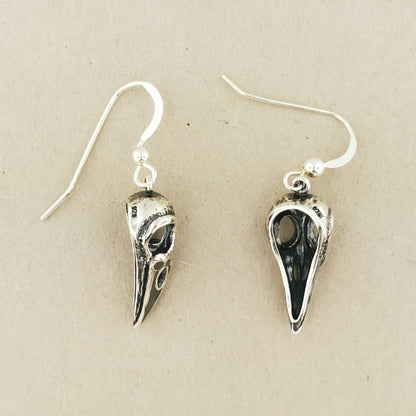 Raven Skull Earrings in Sterling Silver or Antique Bronze - Le Dragon Argenté