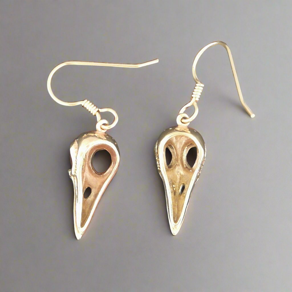 Raven Skull Earrings in Sterling Silver or Antique Bronze - Le Dragon Argenté