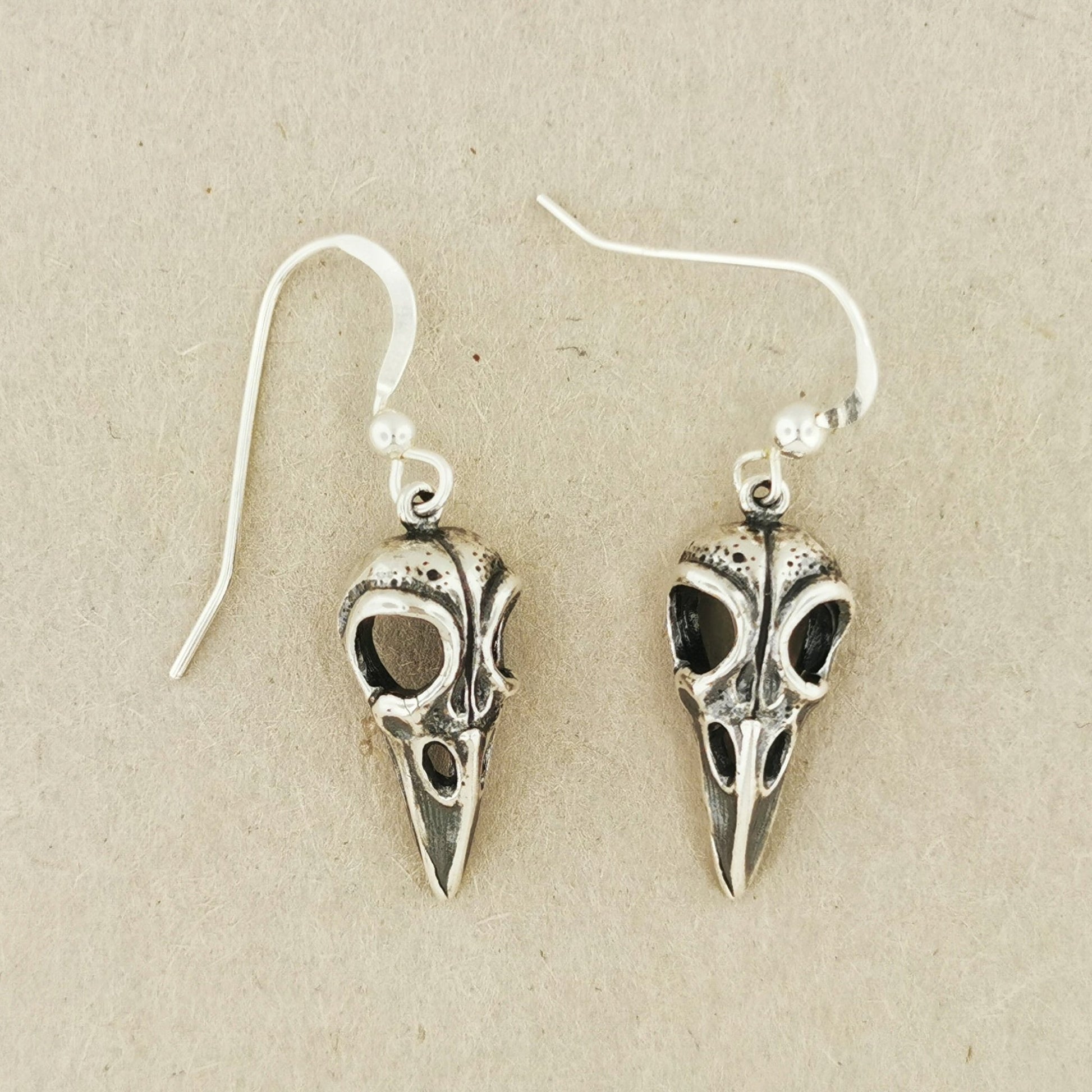 Raven Skull Earrings in Sterling Silver or Antique Bronze - Le Dragon Argenté