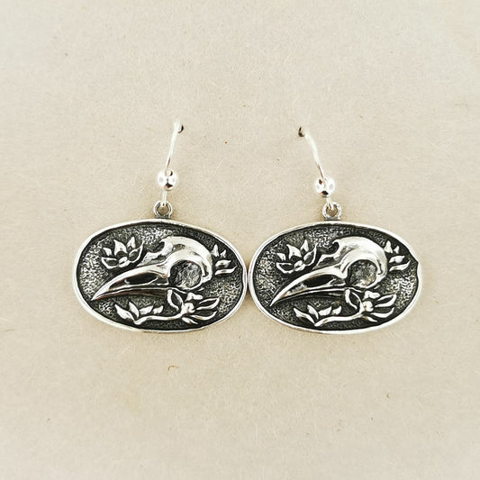 Raven Skull & Flowers Charm Earrings - Le Dragon Argenté