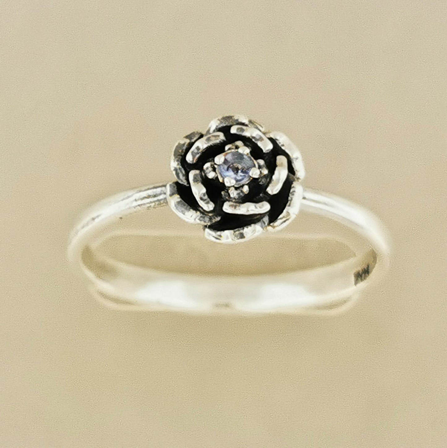 Small Rose Ring with Gemstone in Sterling Silver