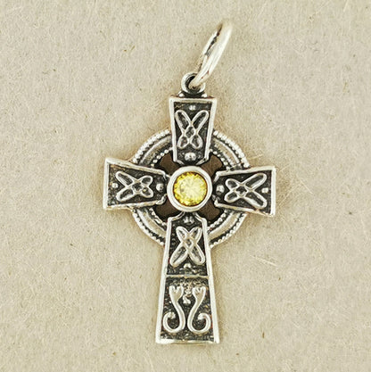 Small Celtic Cross with Gemstone in Sterling Silver or Antique Bronze - Le Dragon Argenté