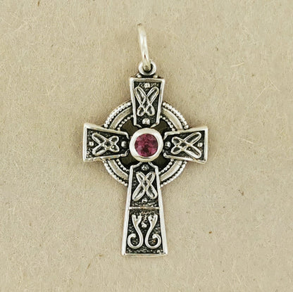 Small Celtic Cross with Gemstone in Sterling Silver or Antique Bronze - Le Dragon Argenté