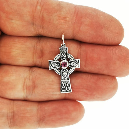 Small Celtic Cross with Gemstone in Sterling Silver or Antique Bronze - Le Dragon Argenté