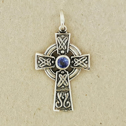 Small Celtic Cross with Gemstone in Sterling Silver or Antique Bronze - Le Dragon Argenté