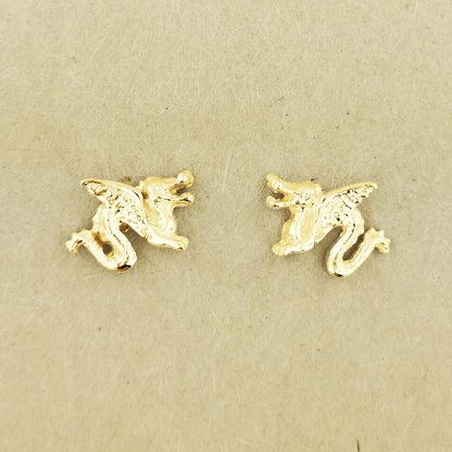 Made-to-order small dragon stud earrings in 10k, 14k, or 18k yellow, pink, or white solid gold by Le Dragon Argenté