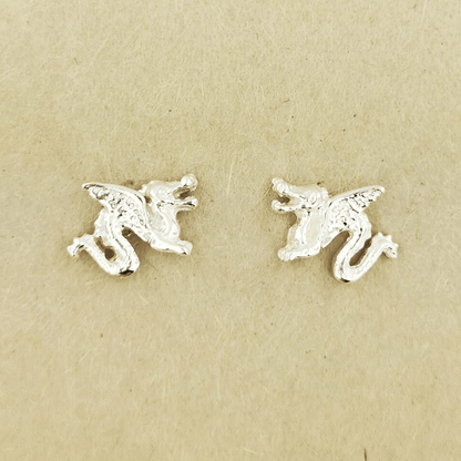 Made-to-order small dragon stud earrings in 10k, 14k, or 18k yellow, pink, or white solid gold by Le Dragon Argenté