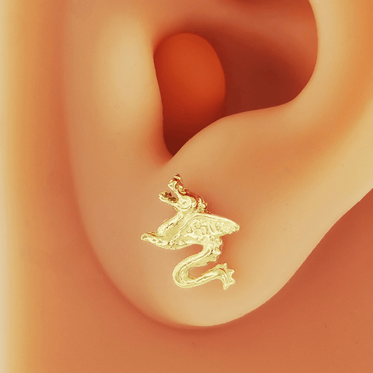 Made-to-order small dragon stud earrings in 10k, 14k, or 18k yellow, pink, or white solid gold by Le Dragon Argenté