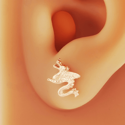 Made-to-order small dragon stud earrings in 10k, 14k, or 18k yellow, pink, or white solid gold by Le Dragon Argenté