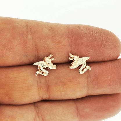 Made-to-order small dragon stud earrings in 10k, 14k, or 18k yellow, pink, or white solid gold by Le Dragon Argenté
